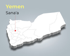 Yemen 3d map with borders of regions and it’s capital