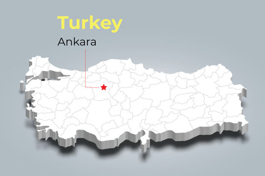 Turkey 3d map with borders of regions and it&rsquo;s capital