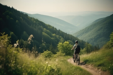 Fototapeta na wymiar Mountain biking woman riding on bike in summer mountains forest landscape, generative AI