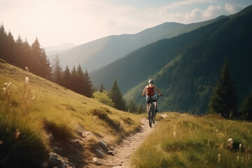 Fototapeta na wymiar Mountain biking woman riding on bike in summer mountains forest landscape, generative AI