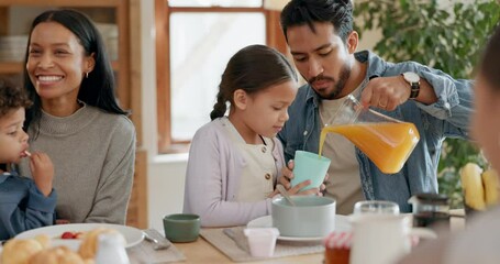 Family, breakfast and father pouring juice for girl at home in the morning together. Dad, mother and child with orange drink for nutrition, healthy diet and wellness, growth and care of happy parents