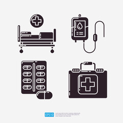 Hospital bed, blood donation and transfusion, drug pill pack, first aid kit. Medical and health glyph set icon. Vector Illustration