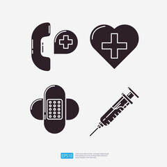 Emergency medical call support, heart health care, adhesive plaster, syringe injection. Medical and health glyph set icon. Vector Illustration