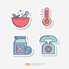 Fototapeta na wymiar Naturopathic medicine, heat thermometer, medical pill bottle, emergency medical call support. Medical and health sticker set icon. Vector Illustration
