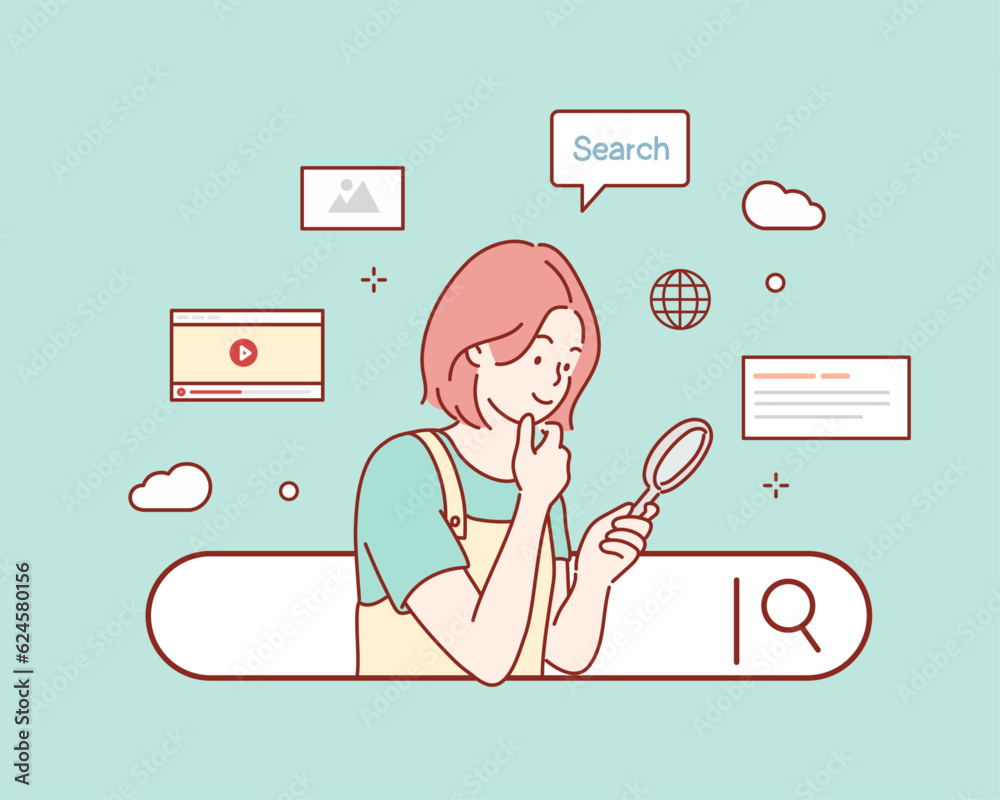 Wall mural woman examines through a magnifying glass with search engine button. hand drawn style vector design 