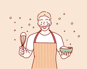 Happy man in apron mixing ingredients in bowl.  Hand drawn style vector design illustrations.