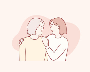 young daughter embracing her mother with love. Hand drawn style vector design illustrations.