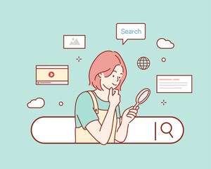 woman examines through a magnifying glass with search engine button. Hand drawn style vector design illustrations.