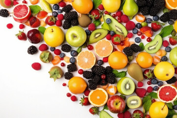Fototapeta na wymiar top view of fresh fruits, vegetables and berries on white background, generative AI
