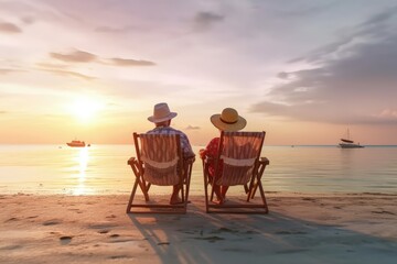 Vacation summer, golden sandy beach,sitting on sun lounger chair right on beach by sea by the water, empty pristine white sandy beach with shallow water. Carefree rest relaxation peace Inspiration