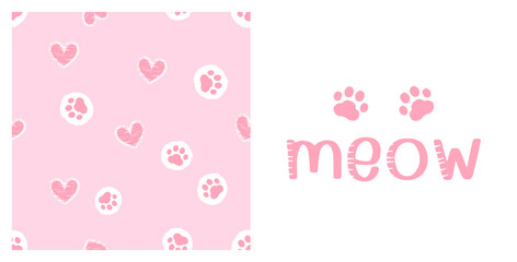 Fototapeta na wymiar Seamless pattern with paw print and cute heart on pink background. Hand drawn fonts and pink paw print icon sign isolated on white background vector illustration.