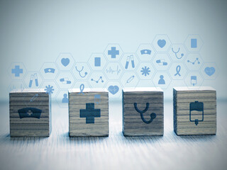 Wooden cubes with health icon.medicine and health insurance concepts.