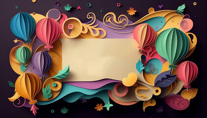 Colorful birthday greeting card background in paper cut style. Generative AI.