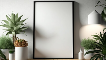 White blank poster on a wall with blank frame mockup. Generative AI.