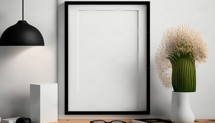 White poster on a wall with blank frame mockup. Generative AI.