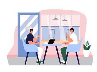Coffee shop vector illistration. Coffee shop flat illustration. Shops fronts on street.Street cafe. City cafe. Summer urban spring landscape. Flat design concept.