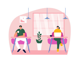 Coffee shop vector illistration. Coffee shop flat illustration. Shops fronts on street.Street cafe. City cafe. Summer urban spring landscape. Flat design concept.