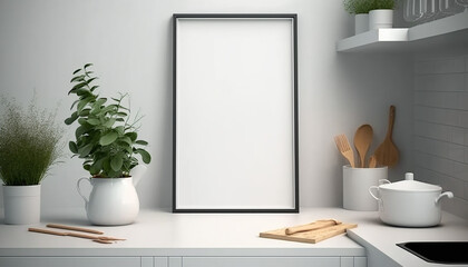 Obraz na płótnie Canvas White poster on a wall with blank frame mockup. Generative AI.