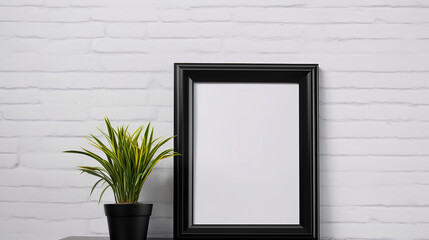 Black picture frame mockup in white interior with. Generative AI.