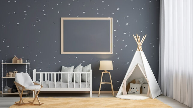 Interior mockup nursery room kids room wall frame mockup. Generative AI.