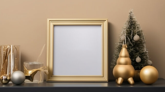 Mockup golden frame with Christmas decor on cupboard. Generative AI.