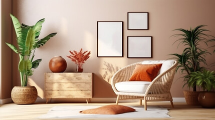Stylish interior design of living room with wooden. Generative AI.