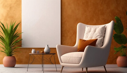 Warm toned living room interior wall mockup. Generative AI.
