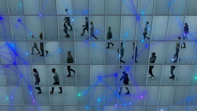 Social ties between people who go to work and are reflected in the windows of the business district.