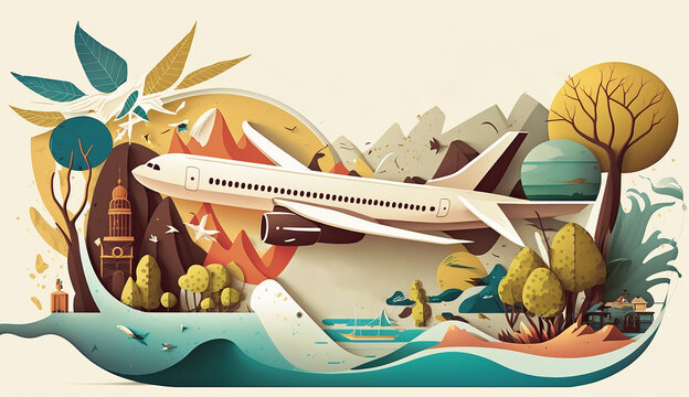 Summer travel themes with illustrations of maps airplane. Generative AI.