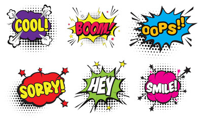 Collection of Cartoon, Comic Speech Bubbles. Colored Dialog Clouds with Halftone Dot Background in Pop Art Style