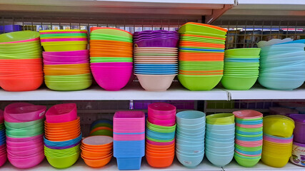 pile of colorful bowl in rack