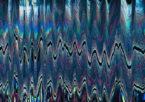 Glitch vibration. Wave design. Interference noise. Colorful background with blue pink black zigzag ornament blurred pattern.
