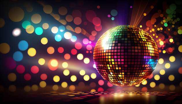 Disco ball and blurred night club background and Abstract horizontal banner with disco ball on a disco background, Ai generated image 