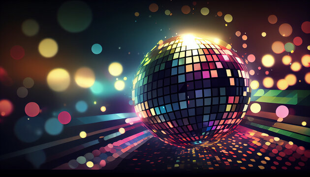 Disco ball and blurred night club background and Abstract horizontal banner with disco ball on a disco background, Ai generated image 