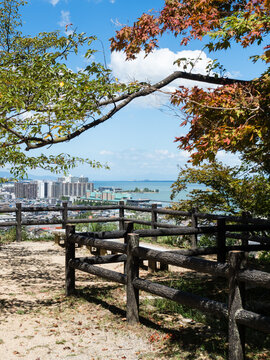 Otsu, Japan - August 21, 2018: Scenic view over the city of Otsu and Lake Biwa from the grounds of Miidera temple