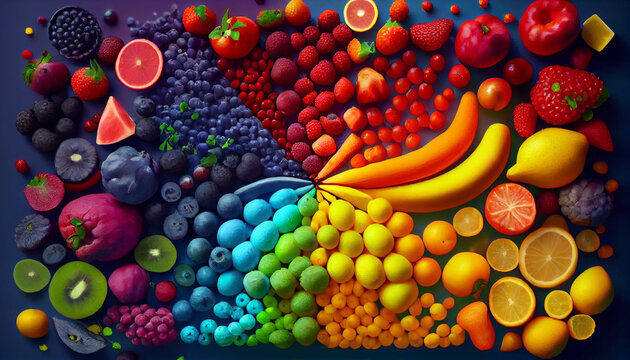 Beautiful multicolored composition made of different berries and fruits. Healthy organic food in rainbow colors, colorful fruit, Ai generated image