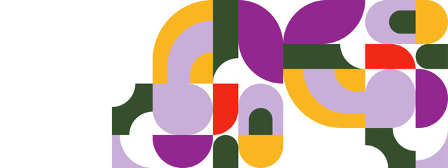 Festive geometric mosaic seamless pattern illustration with colorful abstract shapes. Scandinavian minimalist shape texture, retro geometry collage.