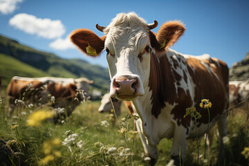 Fototapeta na wymiar Majestic Grazing: A Serene Bull Roams the Pastoral Fields. Generative AI