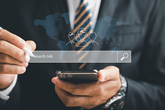 A man holding smart phone with find a job on screen, job search concept, man browsing work opportunities online using job search bar mobile app. find your career, man looking at online website