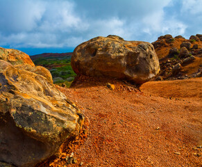Fototapeta na wymiar The Red Earth and Volcanic Landscape of Garden of the Gods (Keahiakawelo) Lanai, Hawaii, USA
