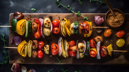 On a wooden cutting board, there is a delicious grilled vegetable skewer with various vegetables.