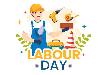 Happy Labor Day Vector Illustration with Various Construction Tools for Workers Buildings in Flat Cartoon Hand Drawn Background Templates
