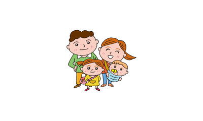 かわいい4人家族の手描きイラスト