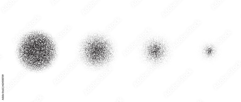 Poster Set of vanishing stippled circle texture. Black disappearing dotted gritty round element collection. Fading noise grain dot work shapes. Half tones and shadows affect illustration bundle. Vector pack