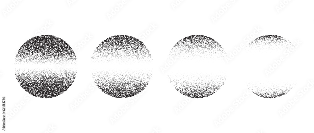 Aufkleber Set of textured linear gradient circles. Black dotted fading spheres collections. Stippled round elements pack. Vanishing noise grain dot work shapes. Halftone effect illustrations bundle. Vector 