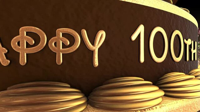 100th birthday cake animation 3d render in chocolate gold with confetti and balloon background. 4k
