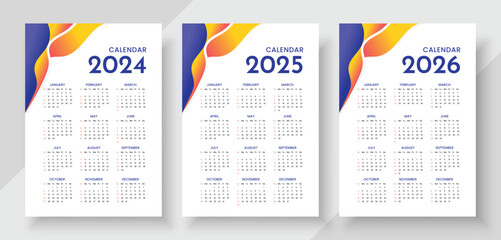 Simple calendar set for 2024, 2025, 2026 years. Simple editable vector calender. Week starts Sunday. Wall calendar in a minimalist style