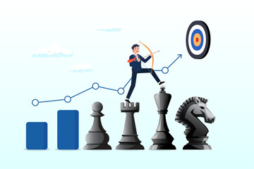 Businessman archery on king chess growth chart aiming at target, strategy to win business success, growing to achieve target or strategic growth, challenge or mission, management and planning (Vector)
