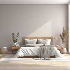 A cozy bedroom with a blank wall a straight view wallpaper.Generative Ai content