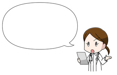 カルテを持った険しい顔の女性医師・フキダシ付き